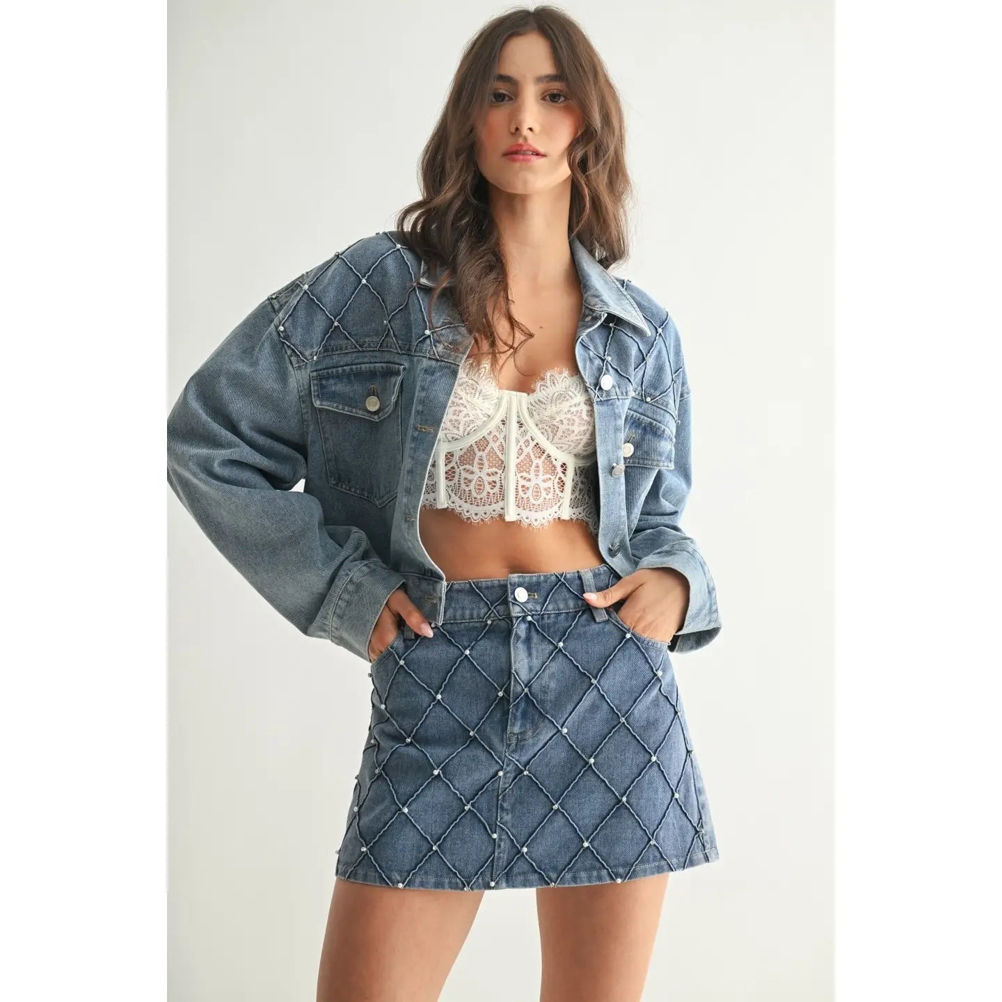 Denim Mini Skirt with Pearl Detail – Brooke Blue