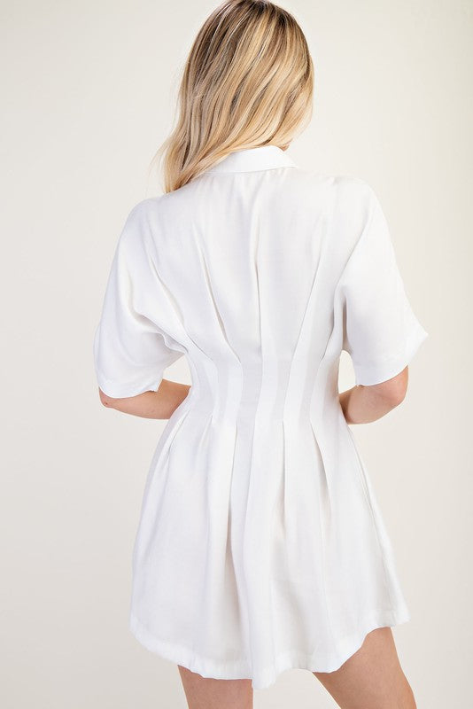 Collar Neck Waist Pleated Mini Dress