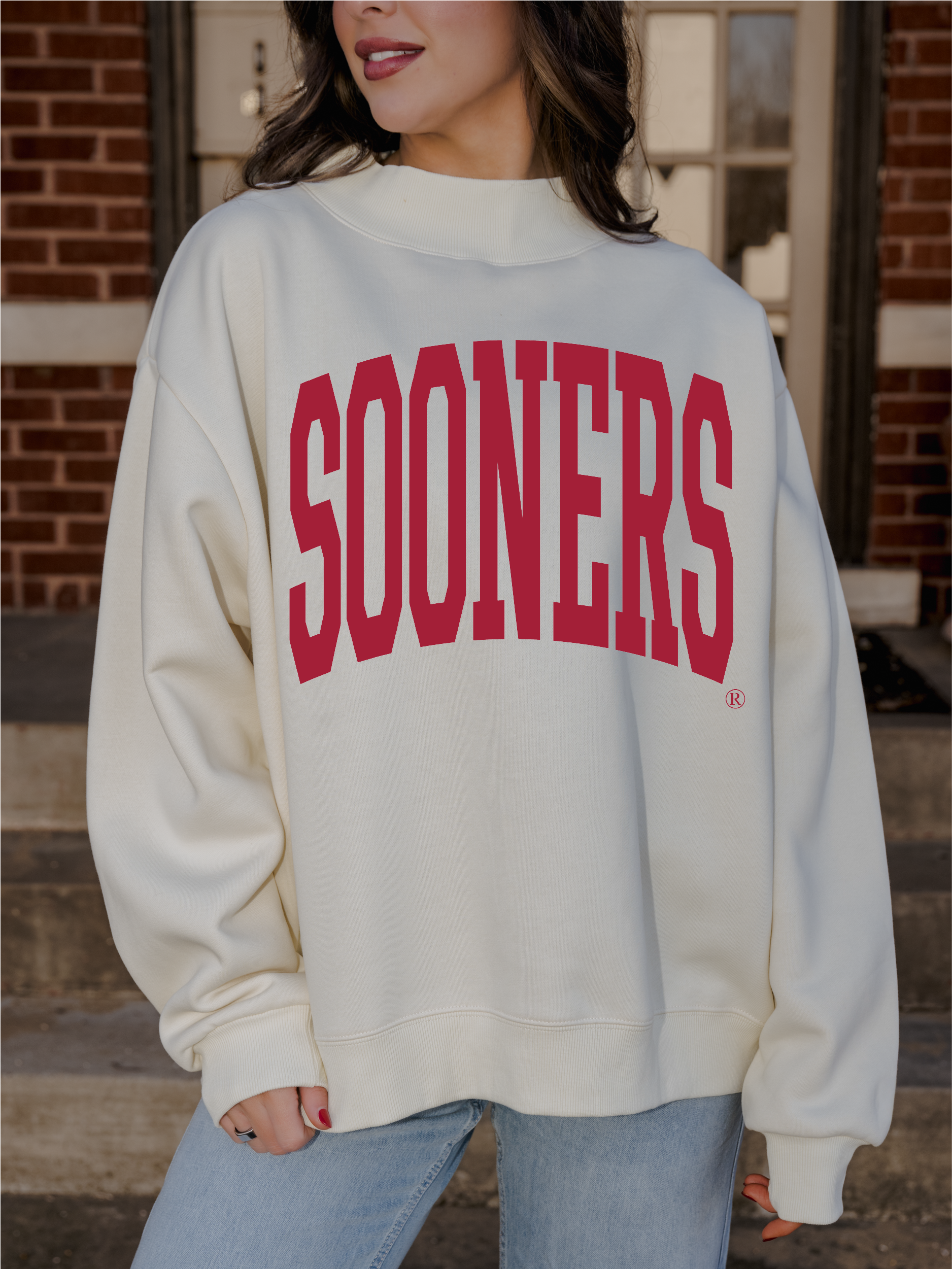 OU Sooners Tall Boy Ivory Weekend Mock Neck Sweatshirt: L/XL