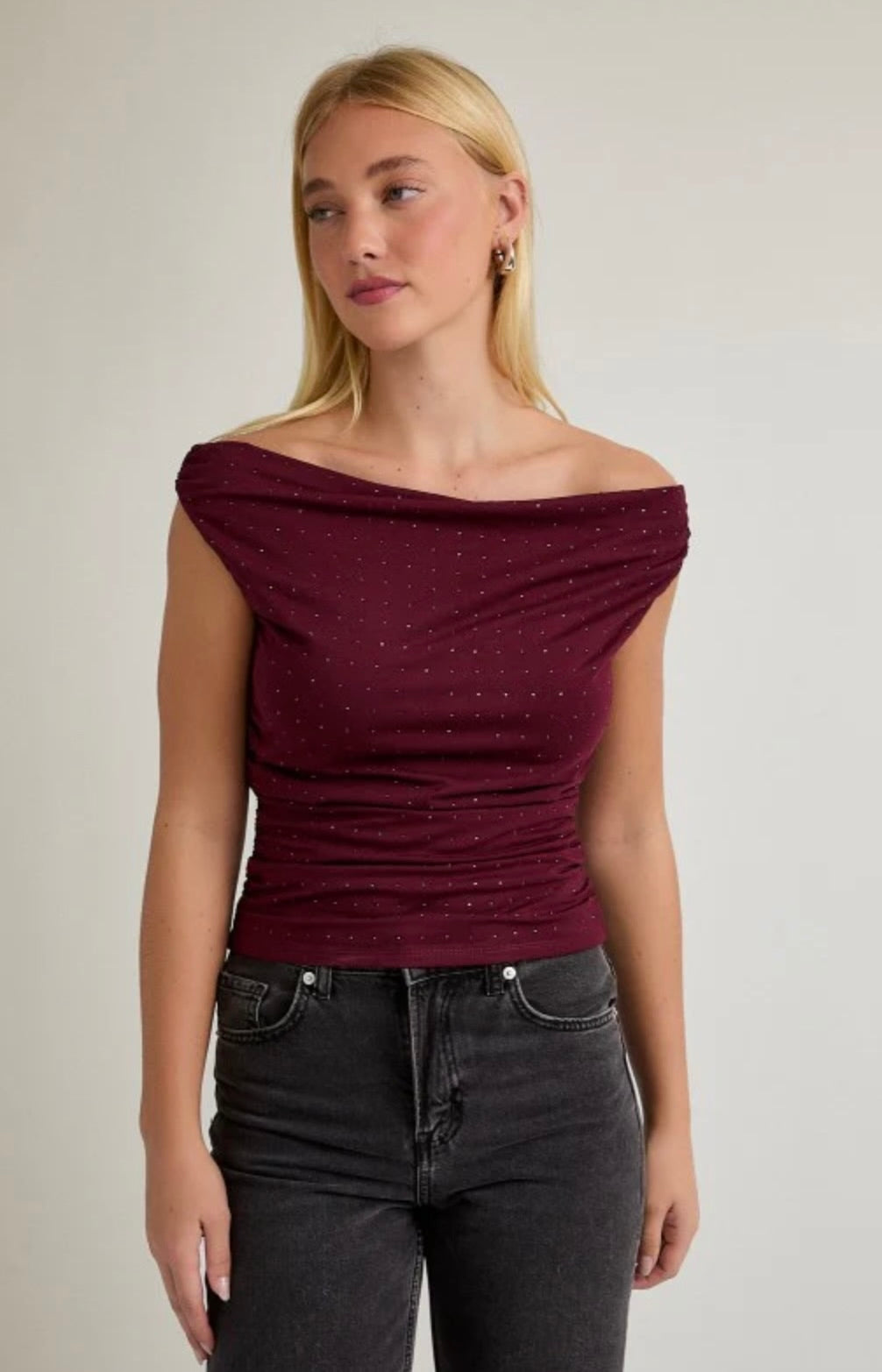 Off The Shoulder Top with Rhinestones