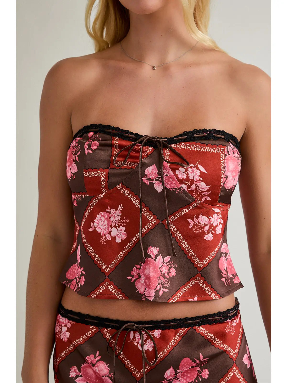 Strapless Lace Trim Satin Tube Top