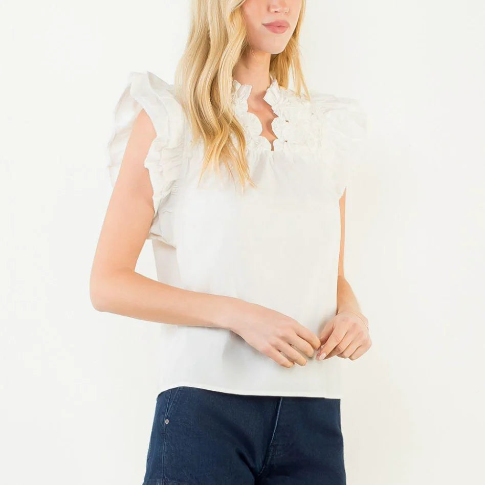 Flutter Sleeve Top w/ Embellished Yoke